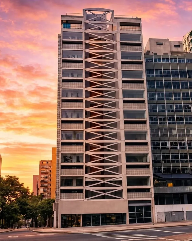 Heritage X façade at dusk, with the X-shaped concrete structure