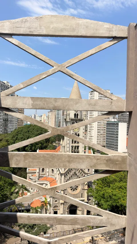 View of the Consolação Church through the X-shaped structure of the façade
