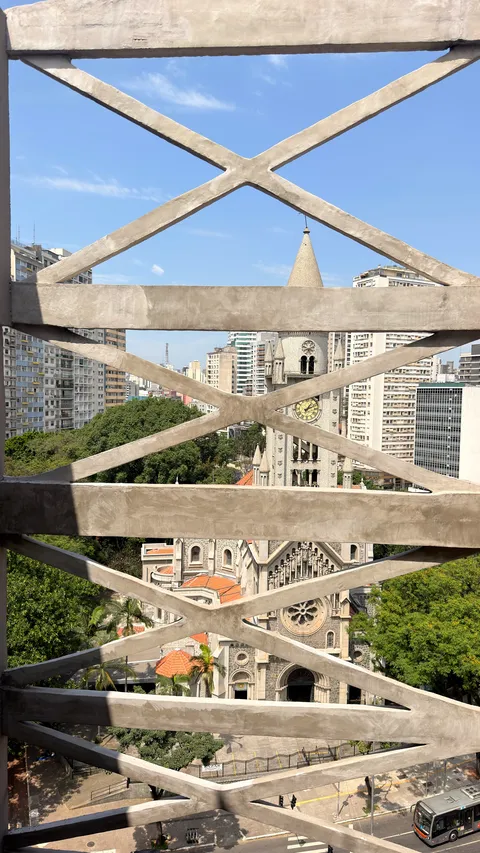 View of the Consolação Church through the X-shaped structure of the façade